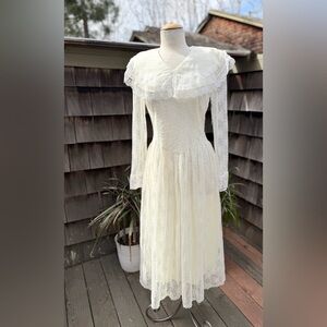 Vintage boho Jessica McClintock ivory lace midi dress Sz 9/10 Small